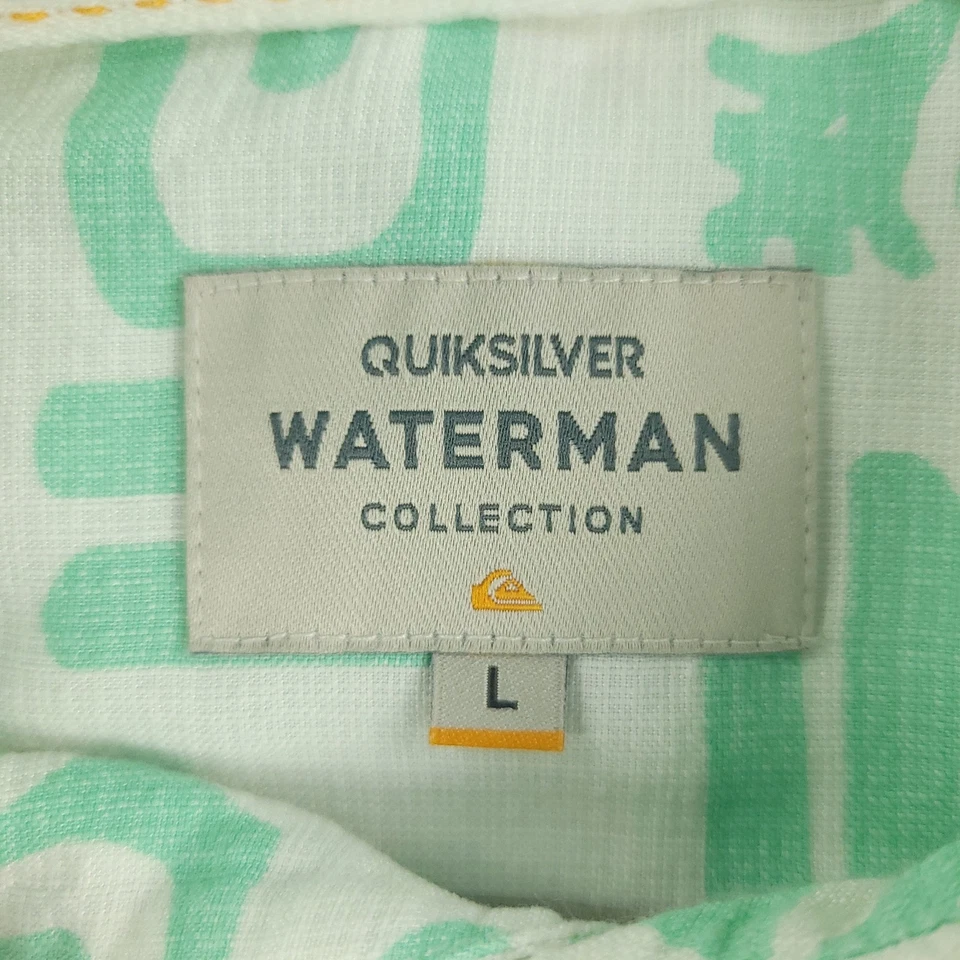 Quiksilver Waterman Shirt Mens Large Green White Hawaiian Button Up Modal Blend - Image 3 of 4