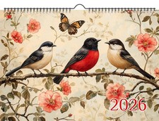2026 Wall Calendar Blossom Birds: Delicate songbirds perched among blooming
