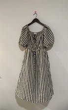 Universal Thread Navy Blue Striped Boho Puff Sleeve Midi Peasant Dress Pockets M