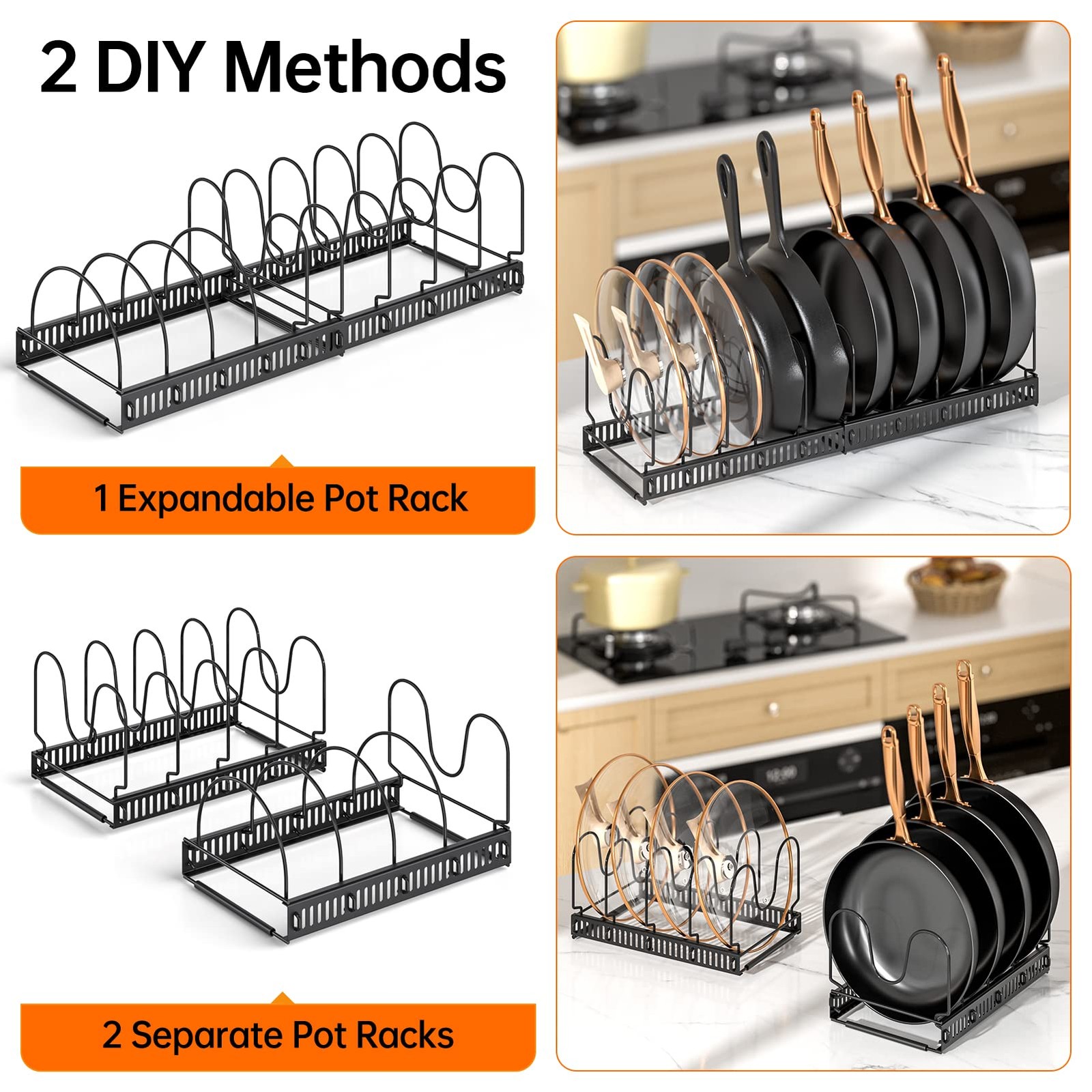 Pots and Pans Organizer Rack for under Cabinet Expandable 11.71''-22.85'' Pot L