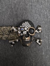 Victorian Style Brass Bronze Rhinestone Skull Stretch Belt Pirates Gothic Punk