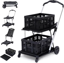 Folding Shopping Cart w/Wheels Collapsible Cart with Storage Crate 2-Layer Black