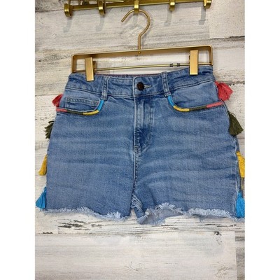 Mini Boden Denim Shorts Girls 12 Blue Tassel Embroidered Boho
