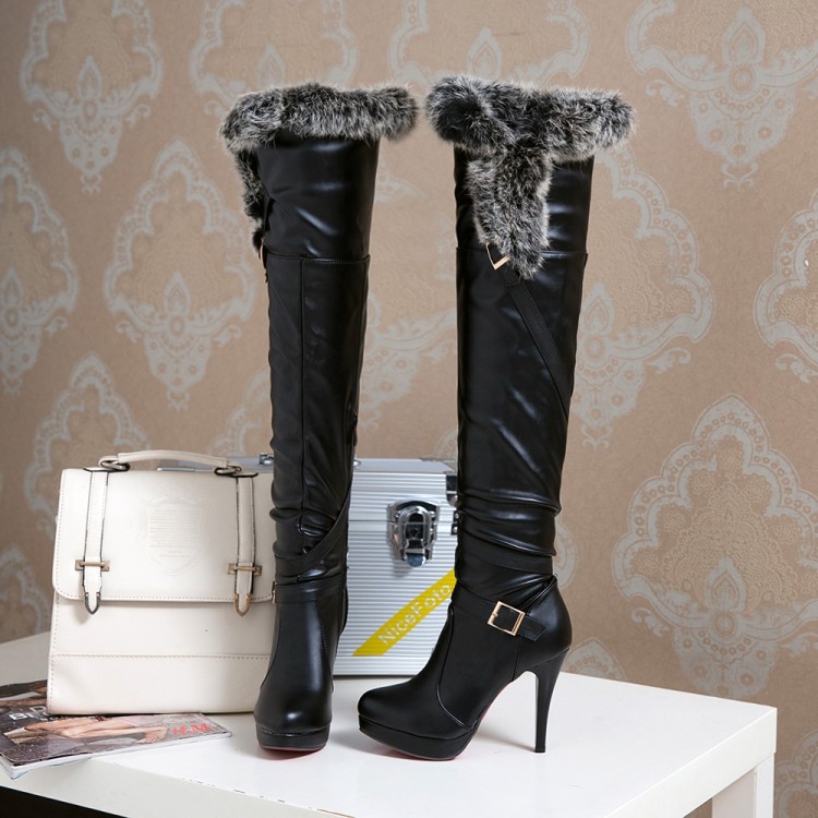 Womens faux Rabbit Fur Furry Over The Knee High Boots Zip