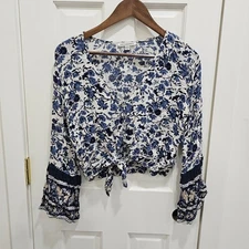 American Eagle Outfitters Floral Tie Front Cropped Blouse Women's M Boho Chic