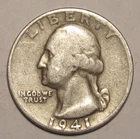 1941 P Washington Quarter, 90% Silver, circulated