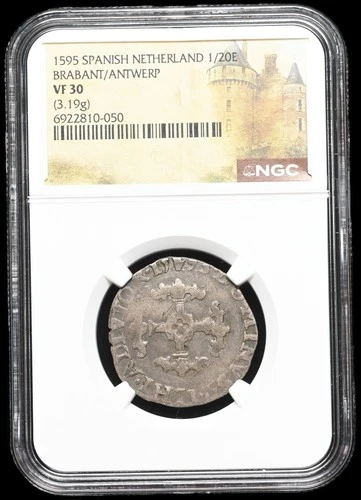 SPANISH NETHERLANDS, Brabant/Antwerp. Philip II, 1595, Silver 1/20 Ecu, NGC VF30