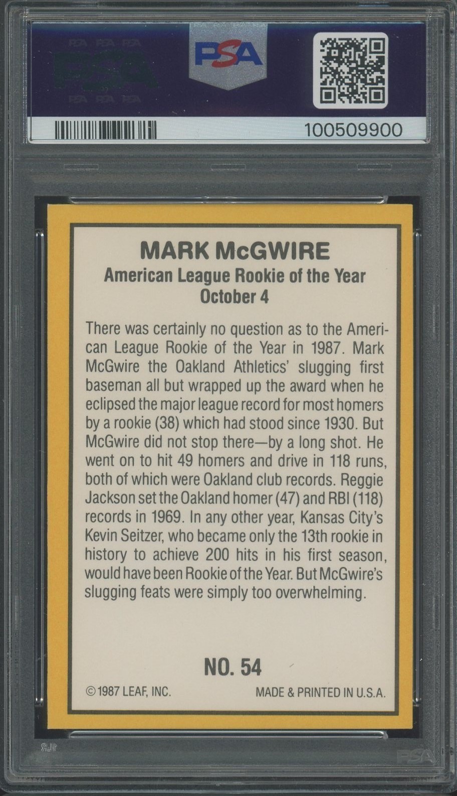 1987 Donruss Highlights #54 Mark McGwire Oakland A's PSA 9 MINT view 2