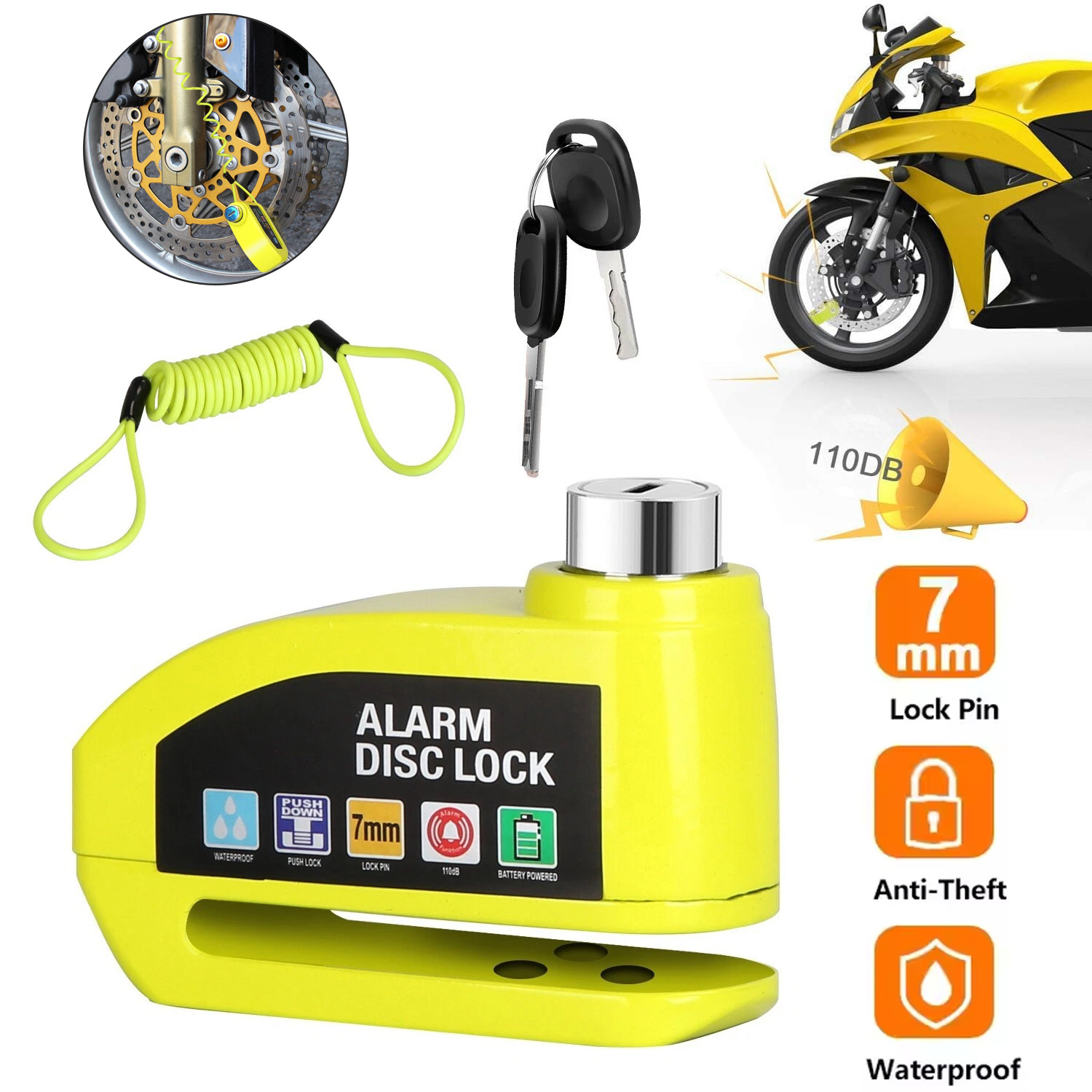 Motorcycle Bicycle Anti-theft Wheel Disc Brake Lock Security Alarm Waterproof US