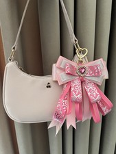 1 pc Ribbon Bow Bag Charm Key Chain w/ Heart Clip Rhinestone, pink/silver