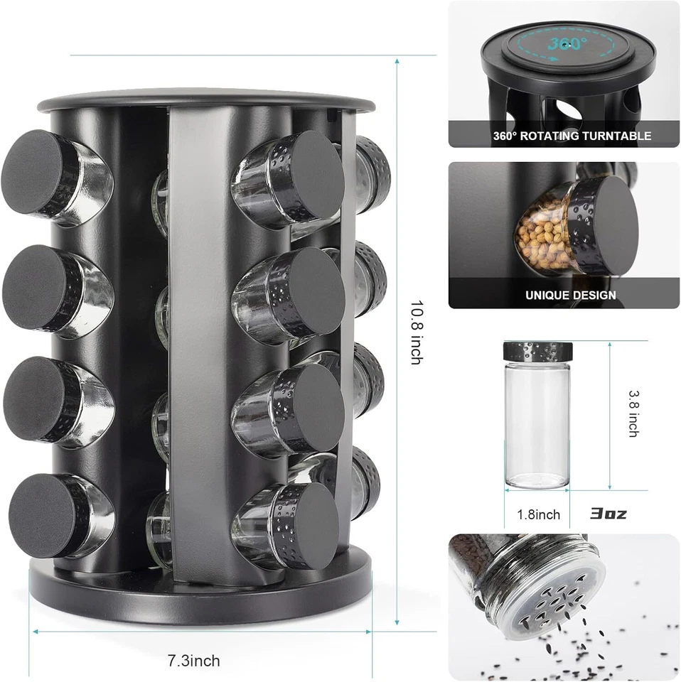Black Countertop Rotating Spice Rack - Empty 16-Jar Revolving Organizer - Image 2 of 4