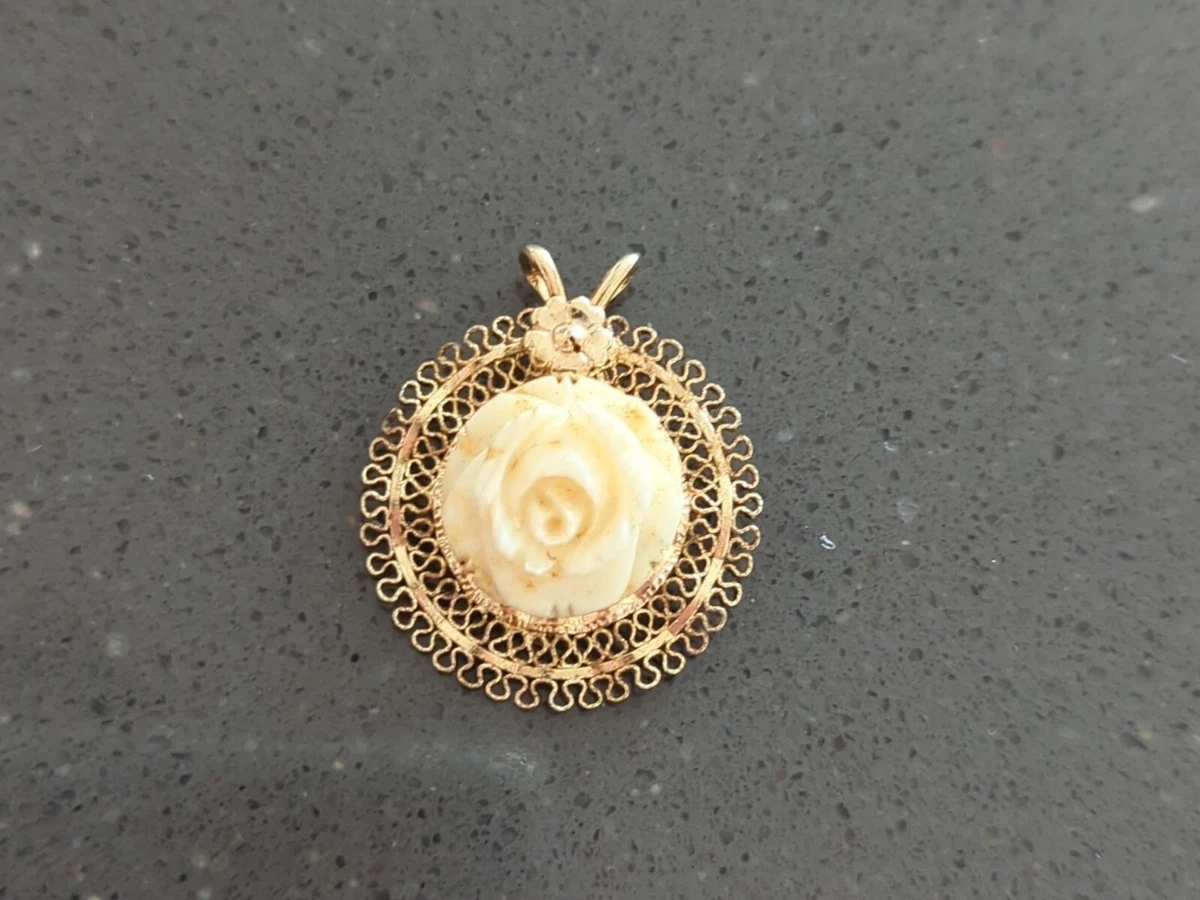Vintage 14K GF Celluloid Carved Rose Pendant Gold Tone Estate