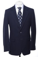40L Long Vintage 70s Navy-Blue Polyester Patch Pockets Blazer Sport Coat Jacket