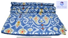 Blue Kantha Quilt Ikat Print Gudri Handmade Queen Bedspreads Throw Ralli