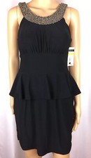 NEW CACHET Formal  Black Peplum Dress Beaded Accents Halter Collar Size M