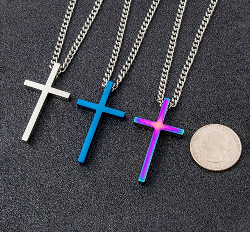 Herren Damen Kreuz Halskette Edelstahl Silber Blau Anhänger Kubanische Gliederkette - Bild 6 von 10
