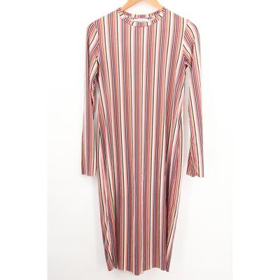 pink striped dress zara Zara Dress Pink Multicolor Colorful Striped Round Neck Midi Dress Size  Small