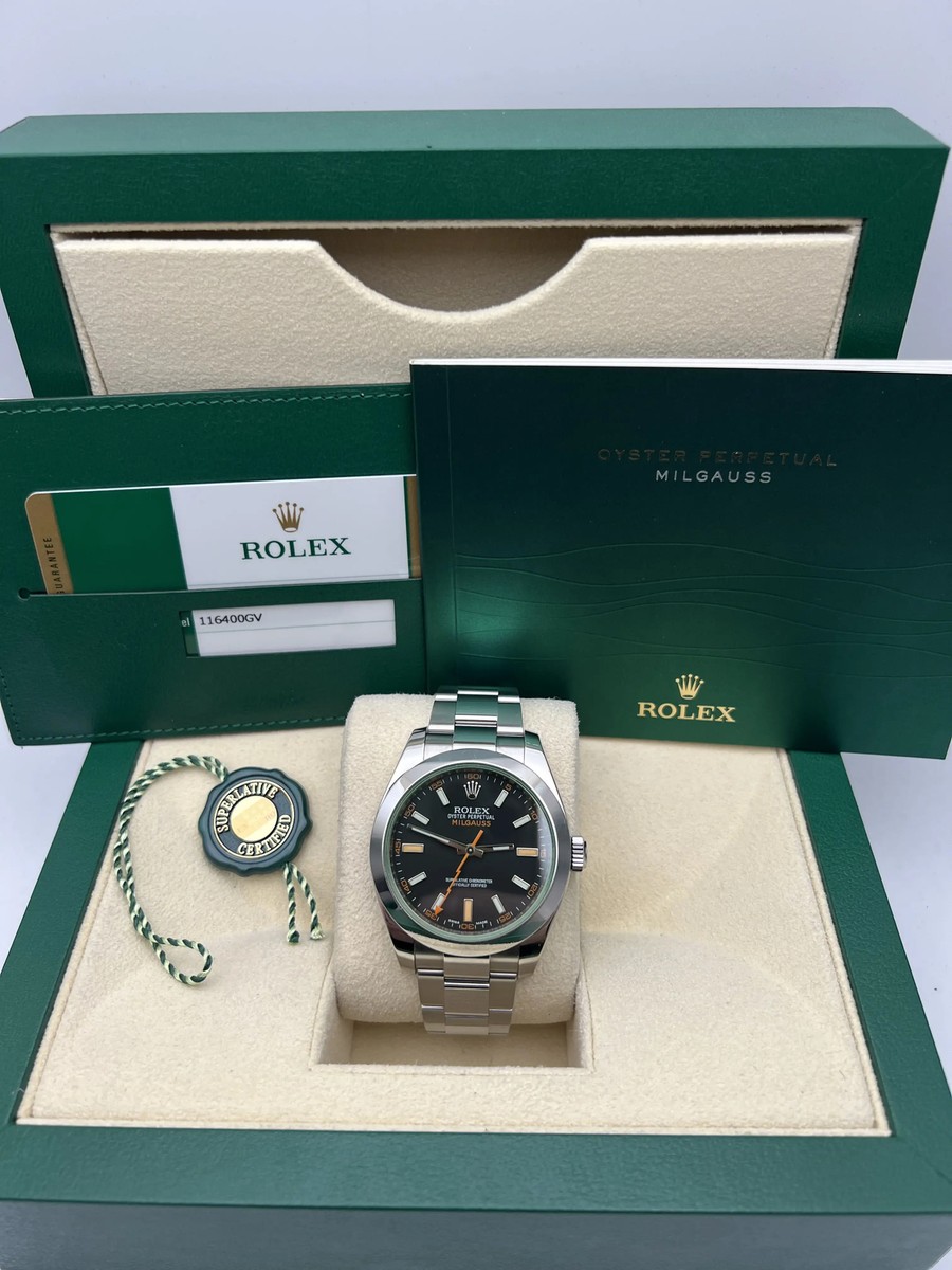 Rolex Milgauss 116400GV Black Dial Green Crystal Box Papers