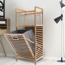 Bamboo Bathroom Laundry Hamper Cabinet Tilt Out Basket Storage with 2-Tier Shelf