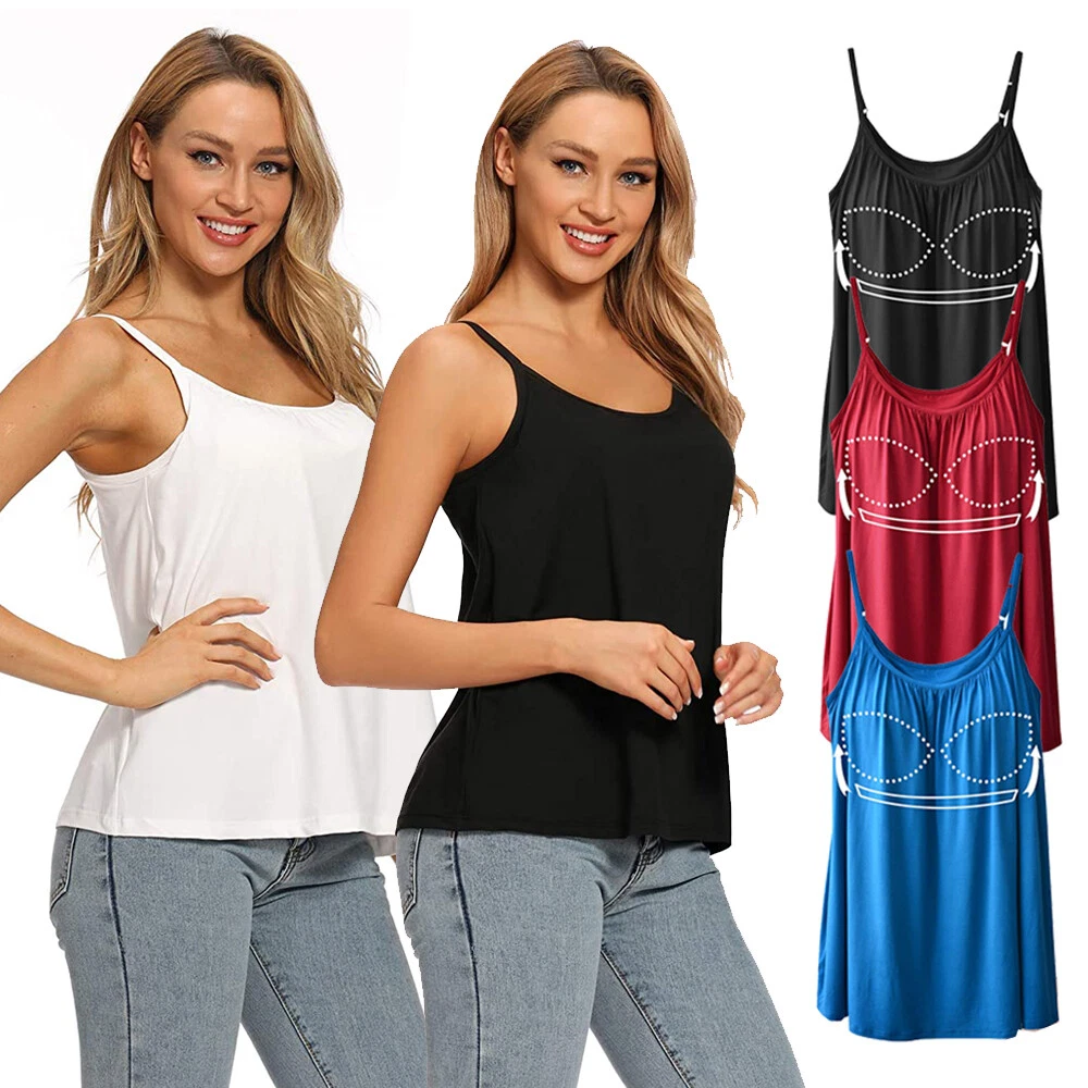 Women’s Loose Camisole Top with Built in Padded Bra Flowy Pleated Tank Cami  Top