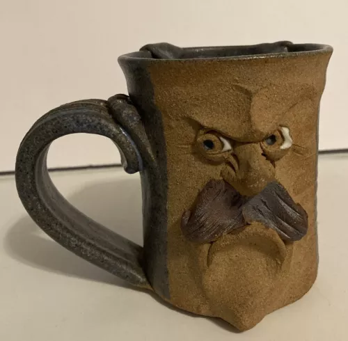 Ugly Face Mustache Coffee Mug 3D Art Pottery - Signed