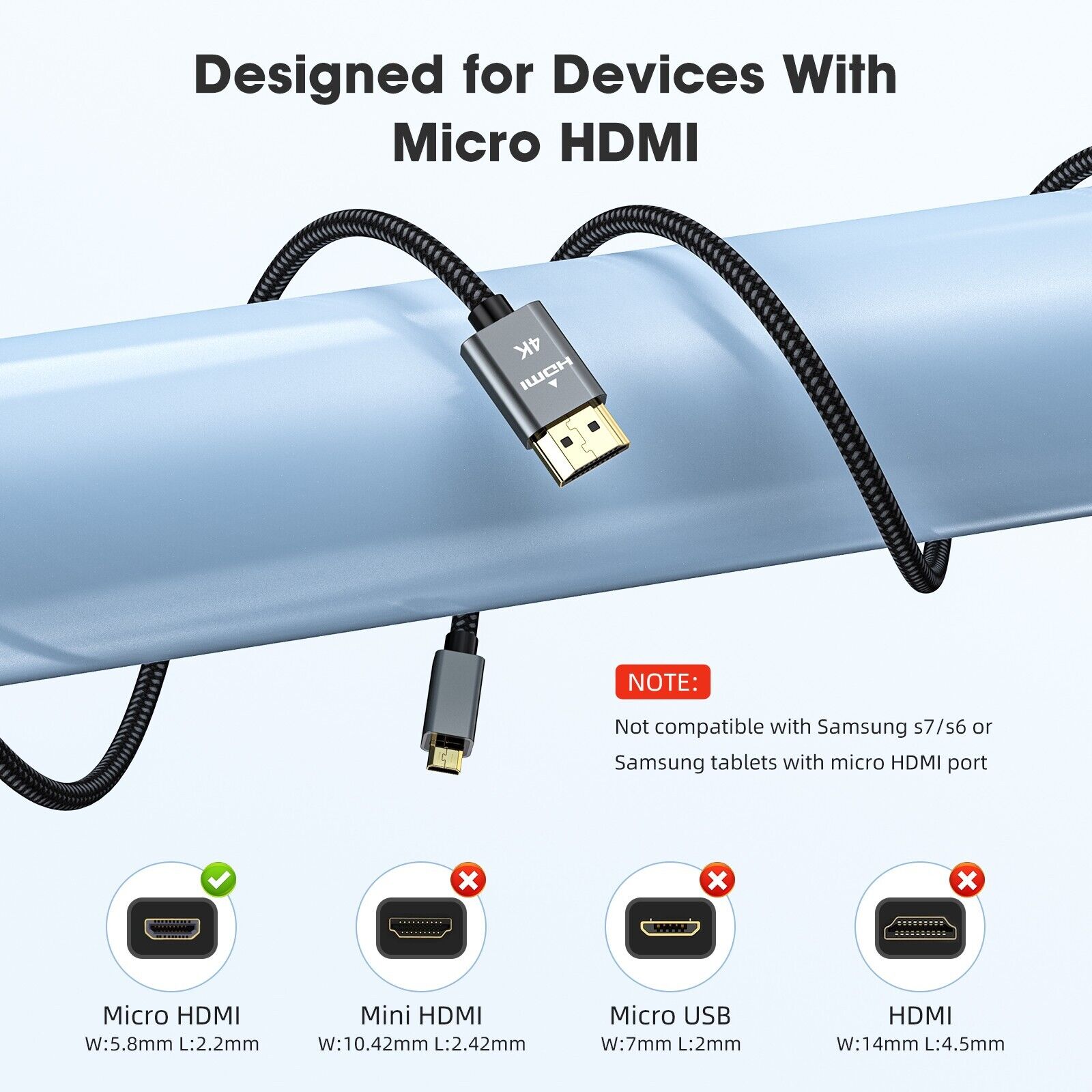 Micro HDMI to HDMI Cable Adapter Converter 4K GoPro HERO 7 6 5 4 3 Camera 60Hz