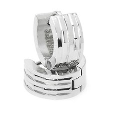 Mens Silver Plated Stainless Steel Hinged Snap Etched Huggie Hoop Earrings 031 S