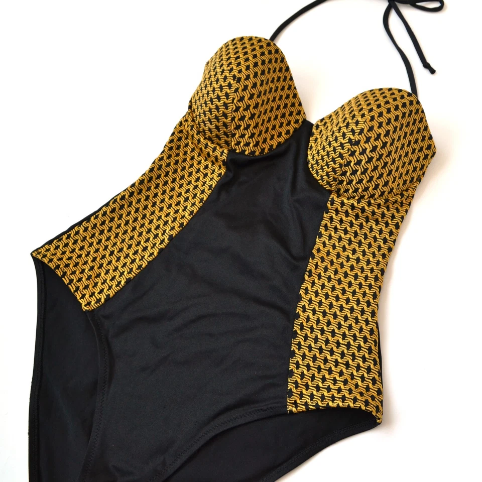 Винтажный женщин CHRISTIAN DIOR плавать боди купальник купальный костюм черный желтый US36 - Изображение 3 из 4