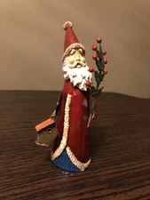 Whimsical Metal Santa Figurine 6 Inch. Holly Leaf, Bird House And Cardinal