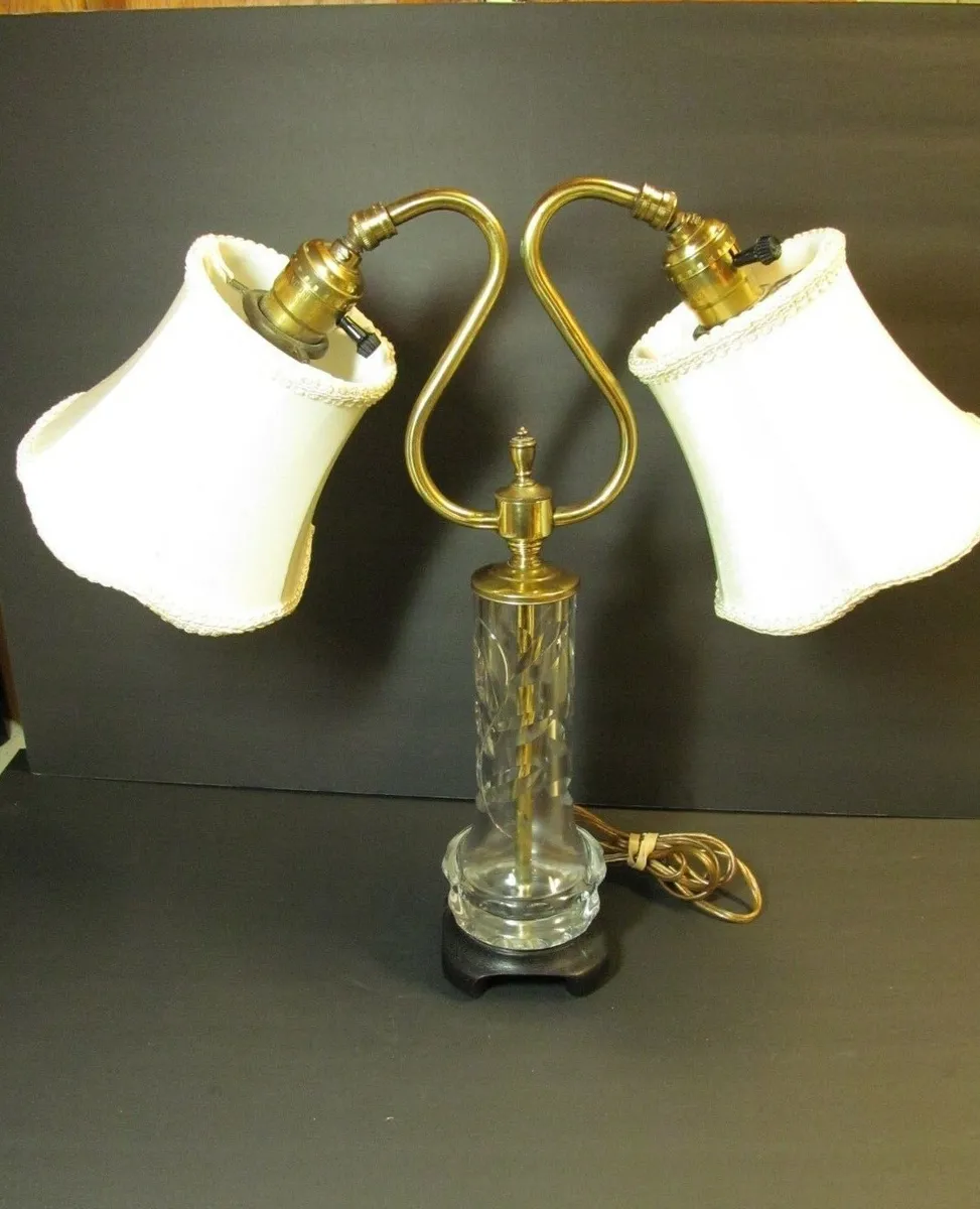 Crystal Brass Accent Table Lamp Two Light Bulbs Adjustable Cut Glass Vintage