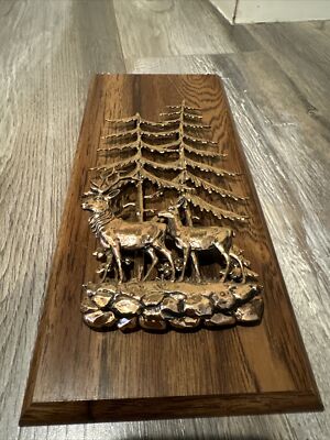 Vintage A&F Canada Plastic Deer Trees Scene Wall Plaque with 3D 13x6 Inches