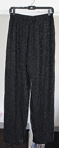 Vintage 80s Glam Rock - Shomax Beaded Sequin Silk Channel Pants, Black, Med - Picture 10 of 11
