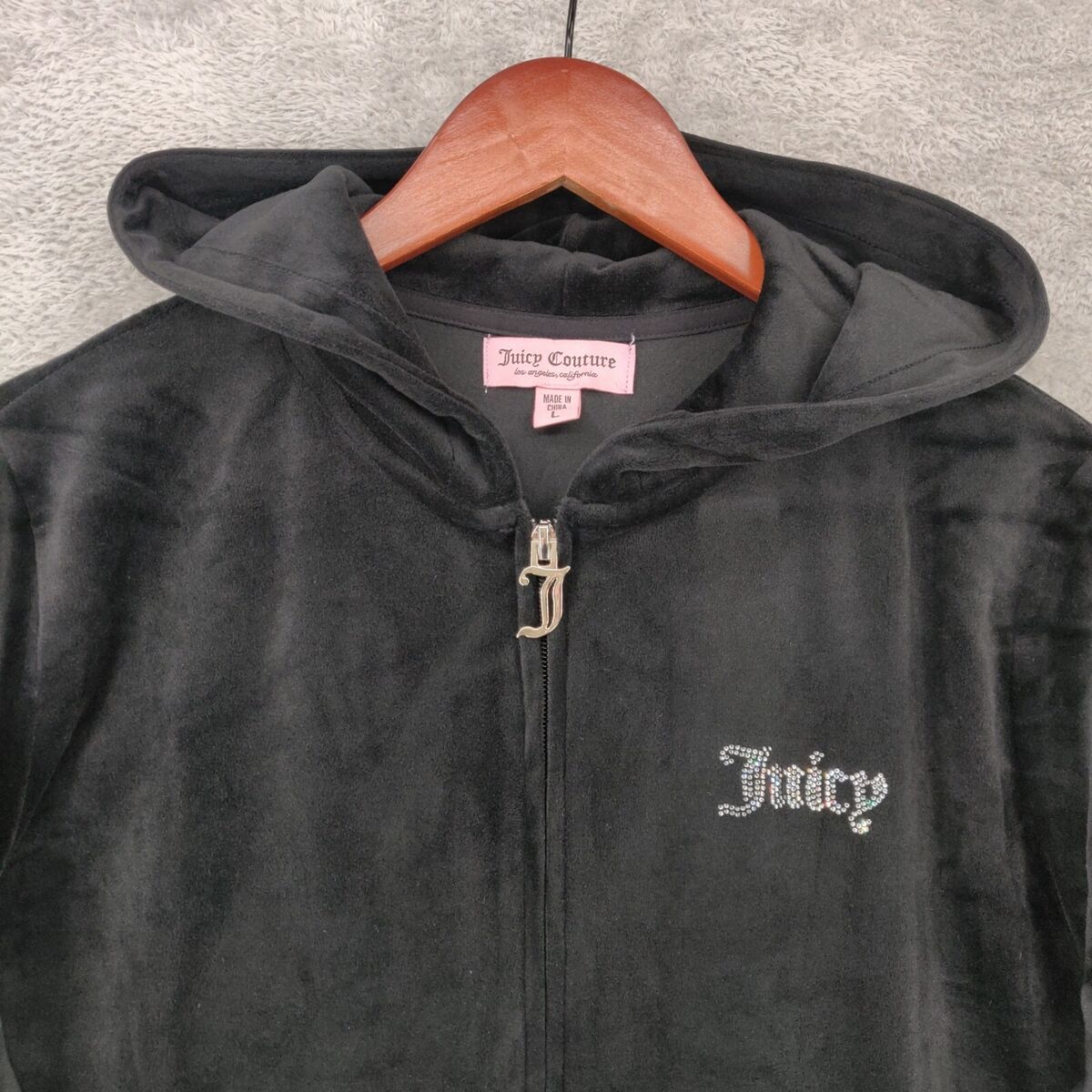 Juicy Couture Hoodie Womans Large L Black Velour Rhinestone Juicy Couture Hoodie Womans Large L Black Velour Rhinestone