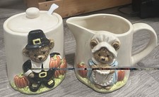 Not Used Otagiri Bear Thanksgiving Ceramic Creamer Sugar Spoon Set Japan Pilgrim