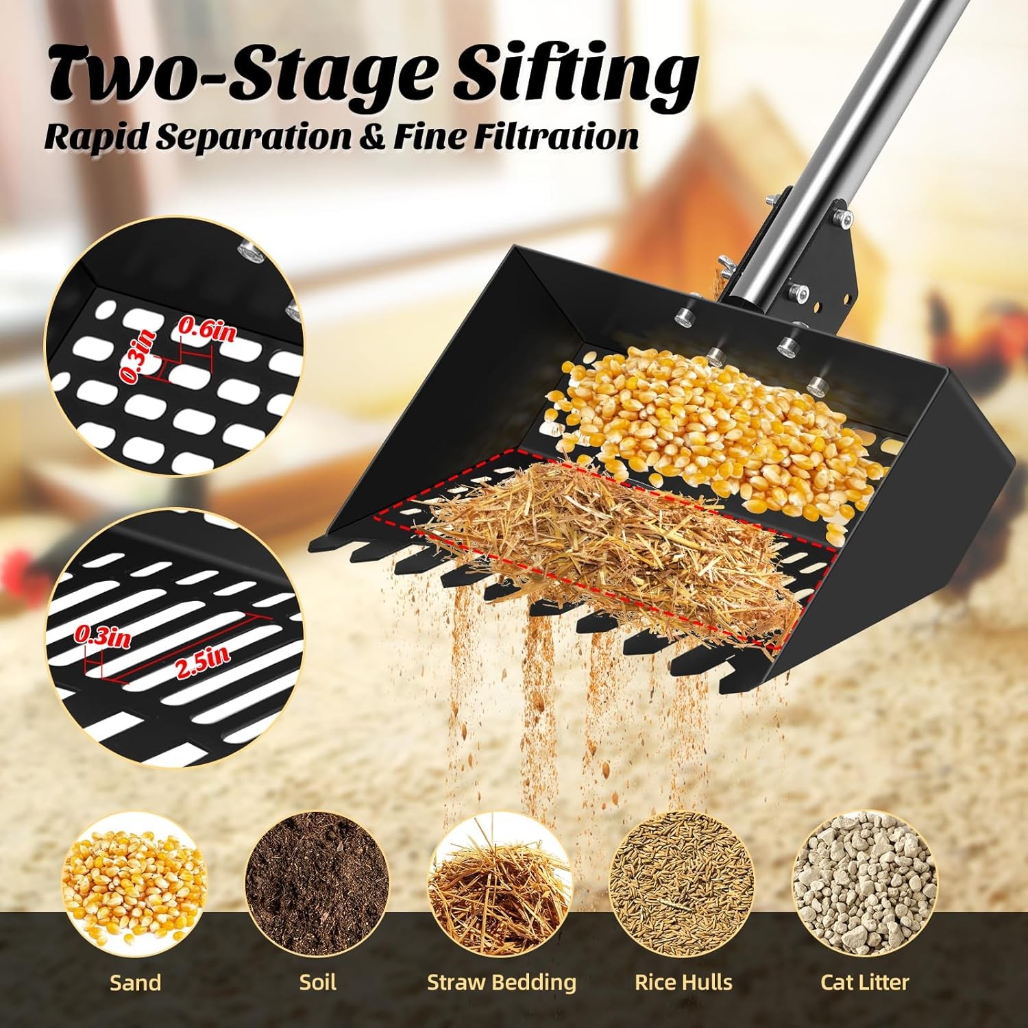 2-in-1 Chicken Poop Scooper & Rake Litter Scoop Sand Sifting Shovel Adjustable