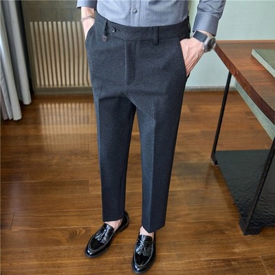 Business Mens Wool Blend Dress Pants Formal Work Winter Slim Casual Trousers