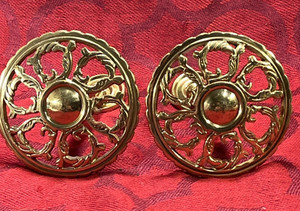 Pair 2 Vtg Ornate Pierced Brass Round Curtain Drapery Hold Backs Tiebacks - 9365