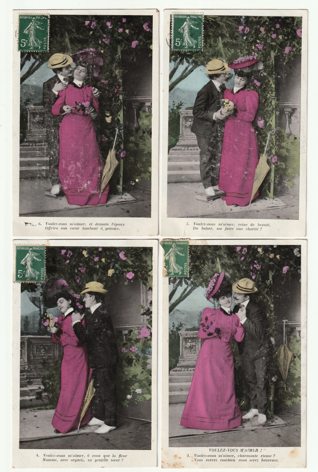 5 Antique French Romantic Postcards Hand Colored Early 1900s