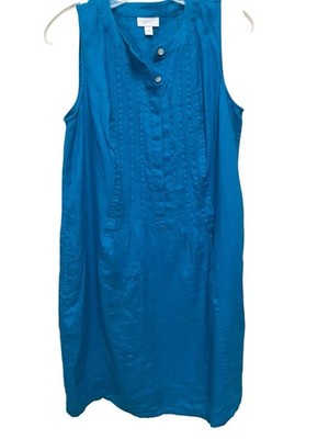J Jill Love Linen Dress Turquoise  Sleeveless Pull Over Pin Tuck Pockets Small