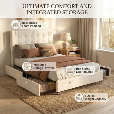 Bed Frame With Upholstered Headboard 4Drawers Large Drawers For Clothes Organize