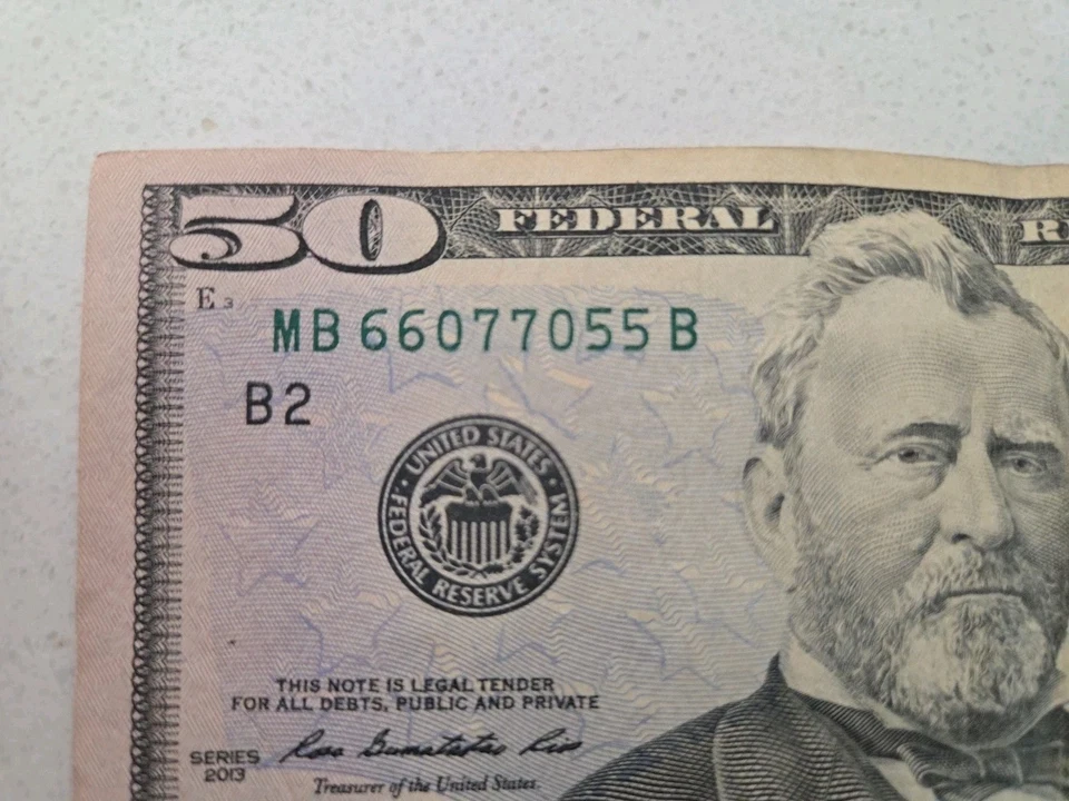 2013 $50 Dollar Bill  SN# MB66077055B Grant -  Doubles 66 77 55 - Image 2 of 4