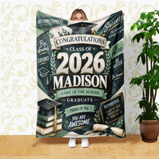 Graduation 2026 Gold Green Coral Fleece Blanket Custom Name