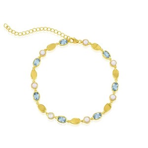 Authentic Silver Round MOP & Oval Sky Blue Topaz Gem Bracelet Gold Plated