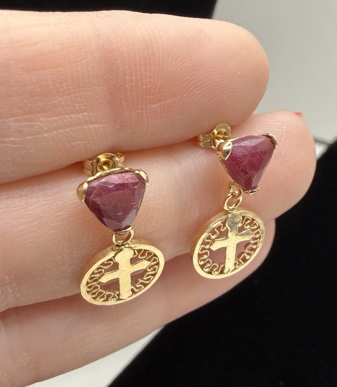 14k Solid Yellow Gold Burmese Ruby Dangling Cross… - image 3