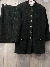 ST JOHN Marie Gray Knit 2 Pc Womens Skirt Suit Size 14 Dark Green W/Sparkle