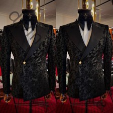Black Jacquard Men's Suit Peak Lapel Formal Wedding Groom Tuxedo Party Prom 2pcs
