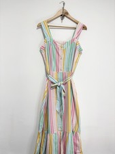 George Summer Midi Dress Size 14 Candy Stripe Linen Blend Sleeveless Waist Tie