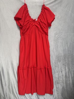 Sofia Jeans Dress Womens Large Red Midi Fit Flare Ruched Boho Flutter Sleeve