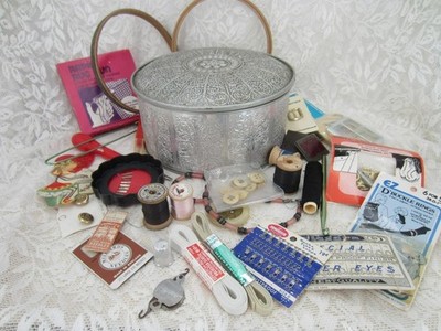 Large Tin Filled - Sewing Notions, Vintage, Antique - Tools, Threads, Much More