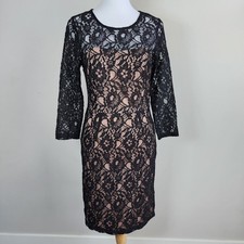 Rickis Lace Sheath Dress Womens 6 Black Floral Overlay Nude Lining Formal Y2K
